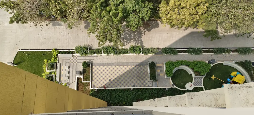 Hardscape Works — Aerial view of a landscaped walkway and garden