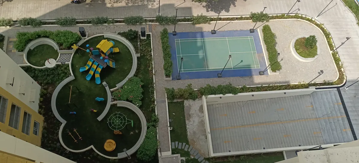 Hardscape Works — Aerial view of play area and badminton court