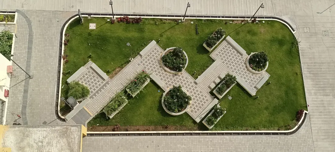 Hardscape Works — Aerial view of a landscaped podium garden