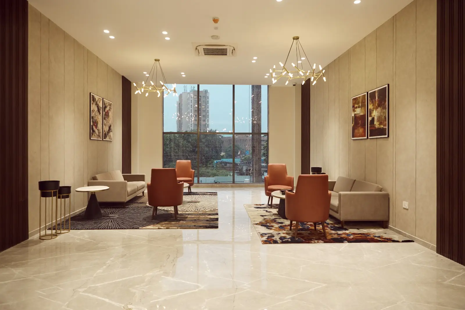Completed waiting lounge with installed furniture, lighting and polished floor