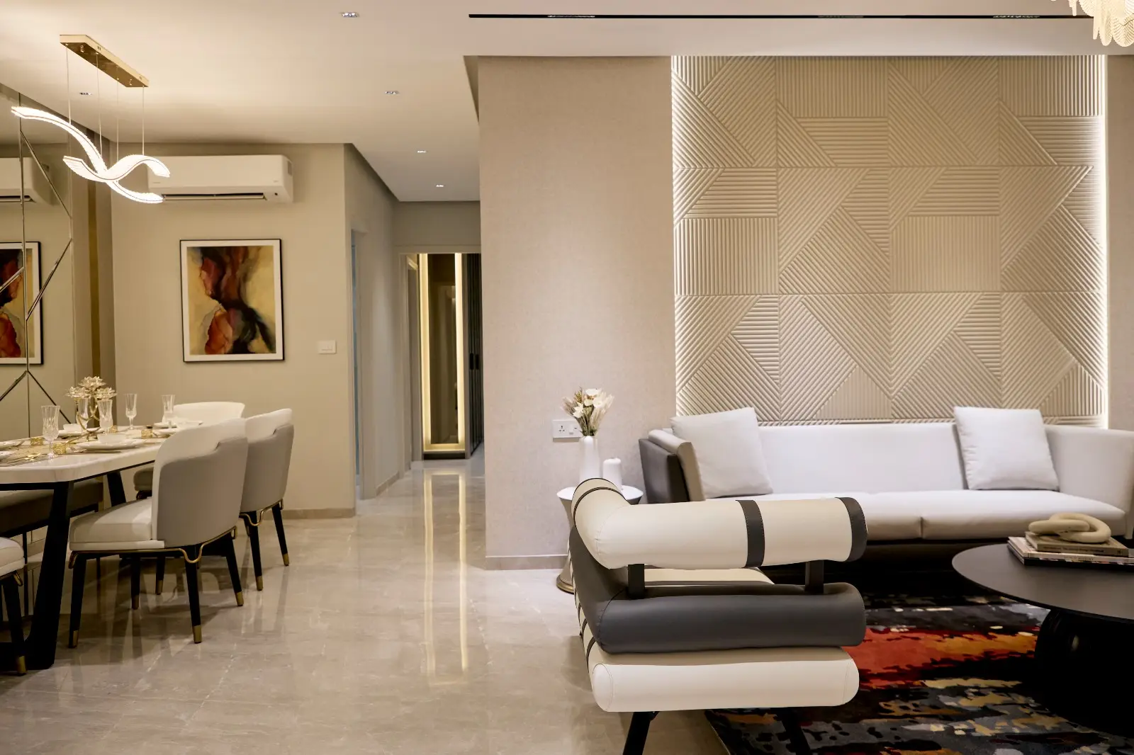 Show Flats — Living room sofa with view to the dining area